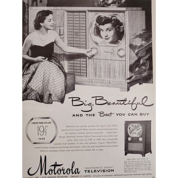 1950 Motorola Television Smiling Elegant Woman in Dress Adjust Knob Vtg Print Ad - Picture 1 of 6